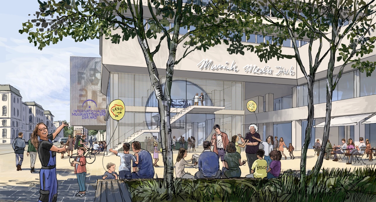 BR-Skizze: fiktiver Ausbau des Sockels am Hochhaus, im Hintergrund ein Konzertsaal